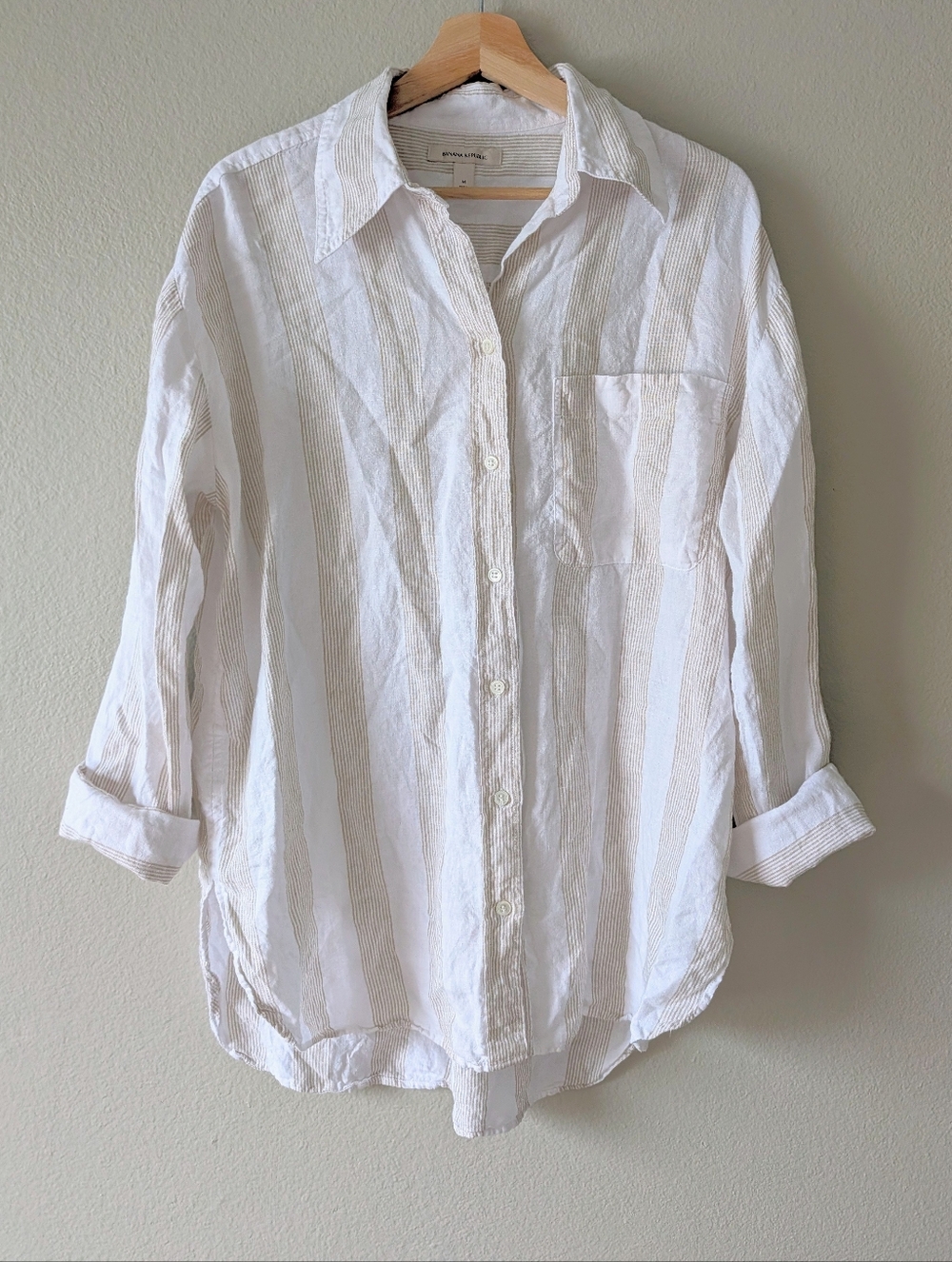 Banana Republic Oversized Linen Button Down Shirt White Beige Medium Coastal